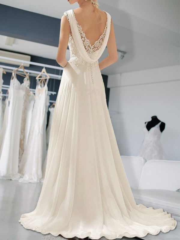 Lace Floor-Length V-neck Sleeveless Empire Chiffon Wedding Dresses