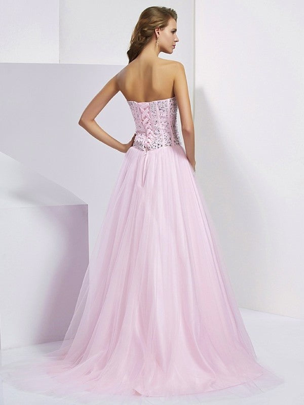 Sleeveless Ball Beading Gown Sweetheart Long Satin Quinceanera Dresses