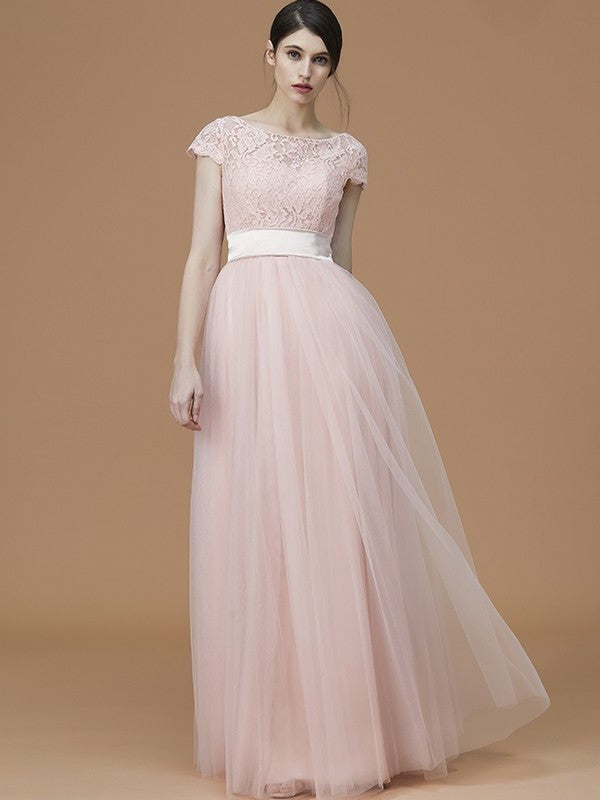 Sleeves Sash/Ribbon/Belt Short A-Line/Princess Bateau Floor-Length Tulle Bridesmaid Dresses