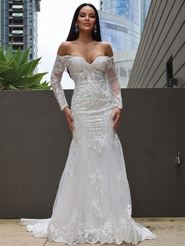 Sweep/Brush Applique Sleeves Off-the-Shoulder Long Trumpet/Mermaid Tulle Train Wedding Dresses