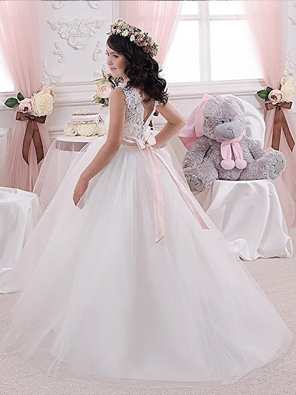 Sash/Ribbon/Belt Gown Tulle Sleeveless Floor-Length Scoop Ball Flower Girl Dresses