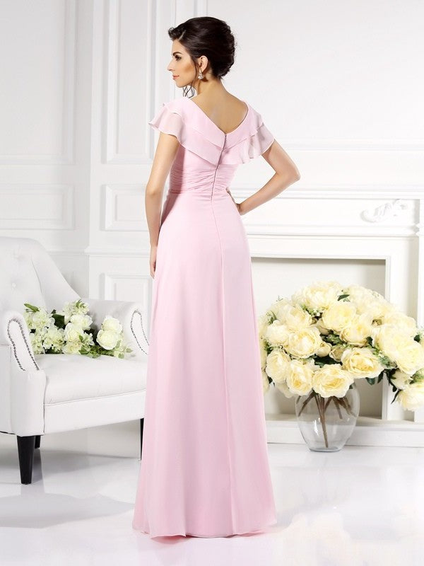 V-neck Short Long A-Line/Princess of Sleeves Chiffon Mother Ruffles the Bride Dresses