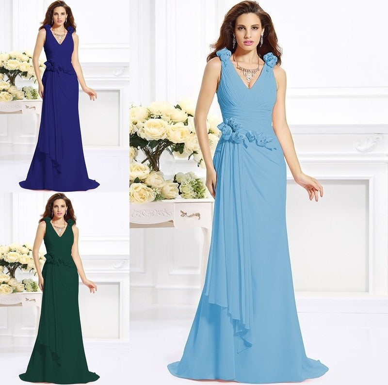 Sleeveless Hand-Made V-neck Trumpet/Mermaid Flower Long Chiffon Bridesmaid Dresses