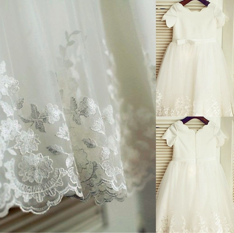 A-line/Princess Short Scoop Sleeves Lace Tea-Length Flower Girl Dresses