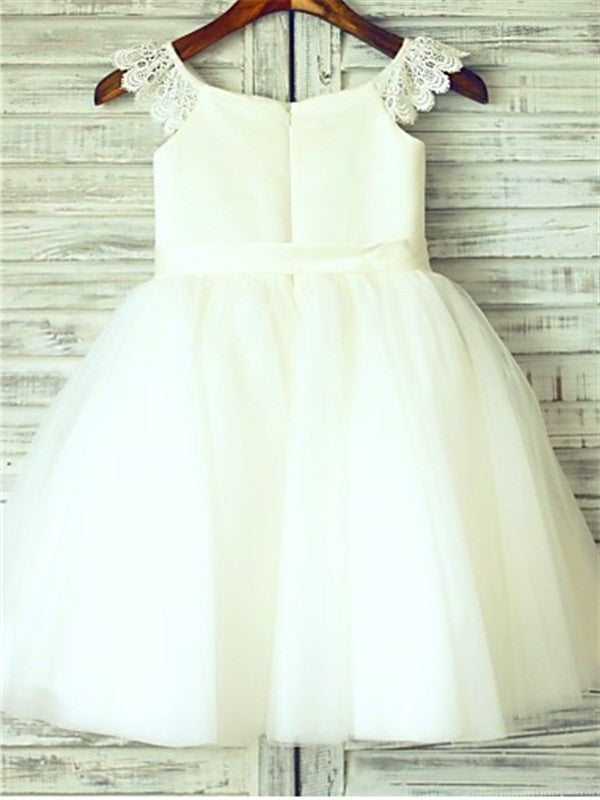 A-line/Princess Sash/Ribbon/Belt Knee-Length Scoop Sleeveless Tulle Flower Girl Dresses