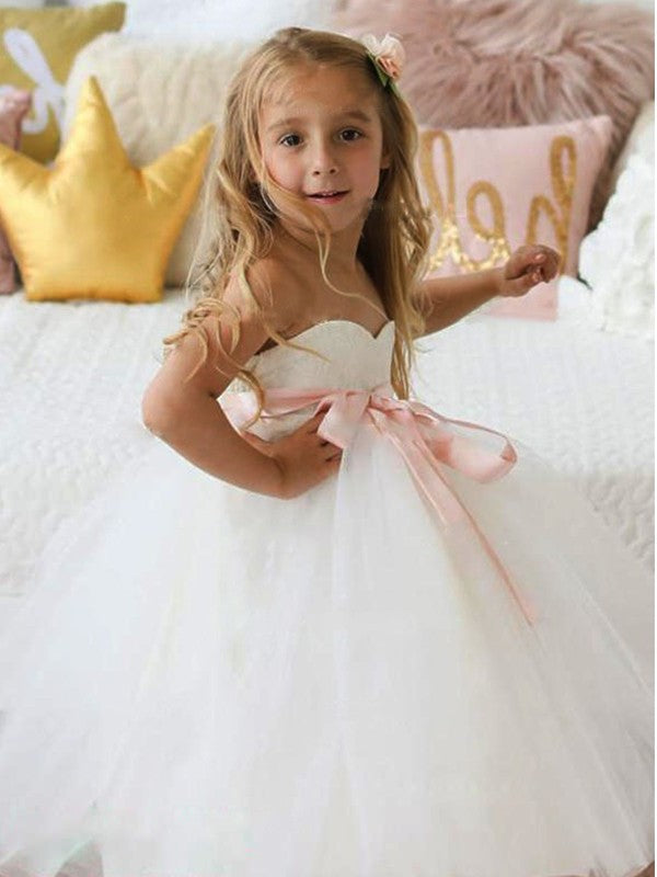 Tulle Sleeveless Ankle-Length Sash/Ribbon/Belt A-Line/Princess Sweetheart Flower Girl Dresses