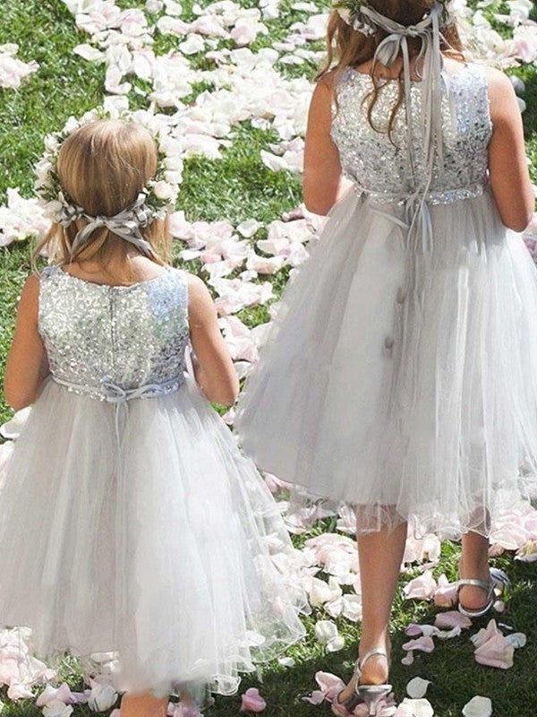 Scoop Flower Hand-Made Tulle Tea-Length A-Line/Princess Sleeveless Flower Girl Dresses