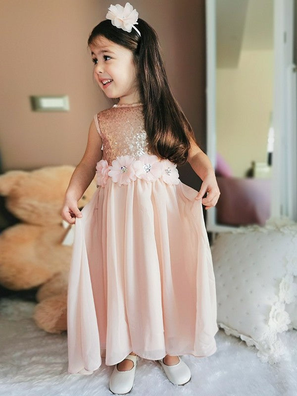 Chiffon A-Line/Princess Scoop Sequin Floor-Length Sleeveless Flower Girl Dresses