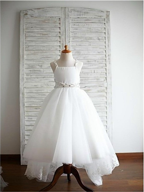 Train Sweep/Brush Tulle Straps Beading A-line/Princess Spaghetti Sleeveless Flower Girl Dresses