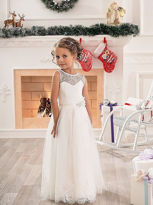 Tulle Scoop A-line/Princess Floor-Length Sleeveless Flower Girl Dresses