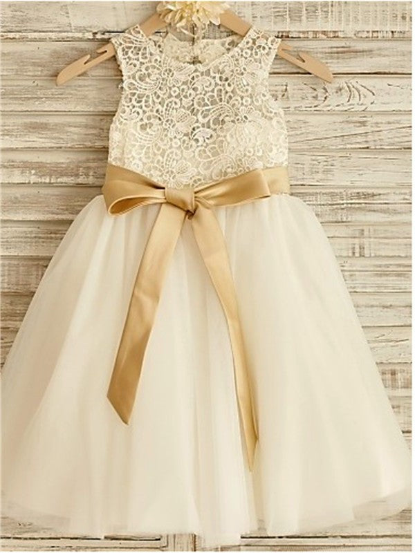 Scoop Knee-Length A-line/Princess Sleeveless Tulle Bowknot Flower Girl Dresses