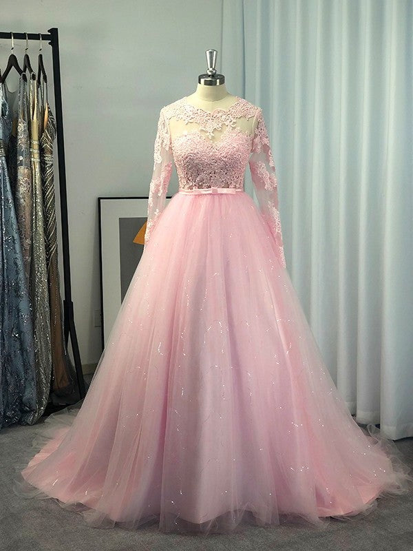 Gown Jewel Long Sleeves Tulle Ball Lace Sweep/Brush Train Dresses