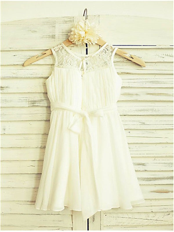 Chiffon Tea-Length Hand-made Sleeveless Scoop A-line/Princess Flower Flower Girl Dresses