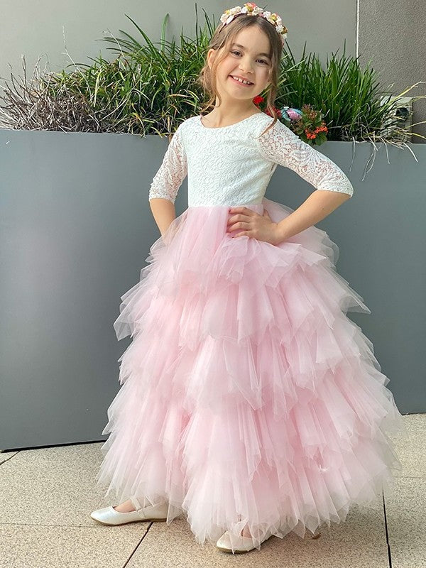 Sleeves 3/4 A-Line/Princess Tulle Scoop Lace Ankle-Length Flower Girl Dresses