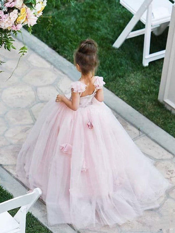 Gown Straps Spaghetti Train Applique Sleeveless Ball Sweep/Brush Tulle Flower Girl Dresses