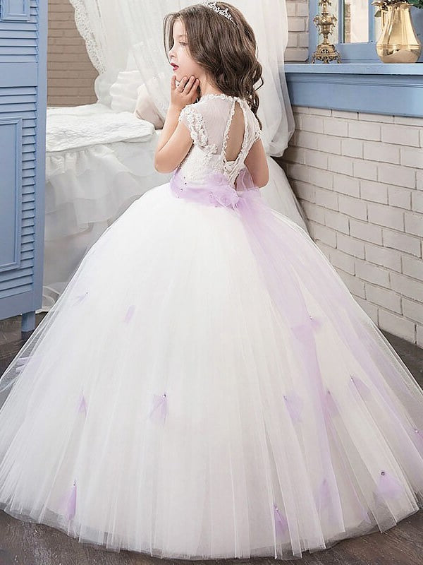 Jewel Sleeves Gown Tulle Floor-Length Short Sash/Ribbon/Belt Ball Flower Girl Dresses