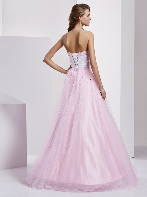 Beading Sleeveless Ball Long Strapless Elastic Woven Gown Satin Quinceanera Dresses