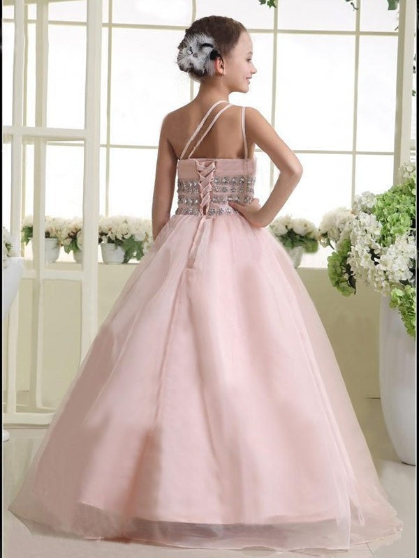 Organza One-shoulder A-line/Princess Long Sleeveless Beading Flower Girl Dresses