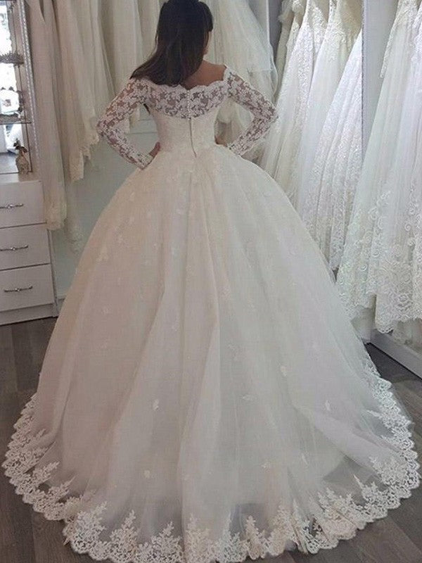 Ball Long Applique Gown Sweep/Brush Train Off-the-Shoulder Sleeves Lace Wedding Dresses