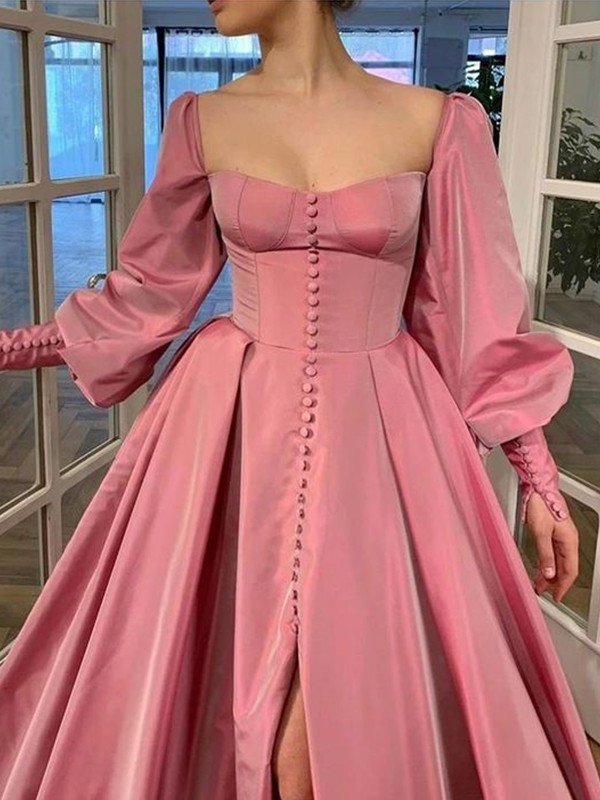 A-Line/Princess Long Ruffles Sleeves Square Satin Floor-Length Dresses