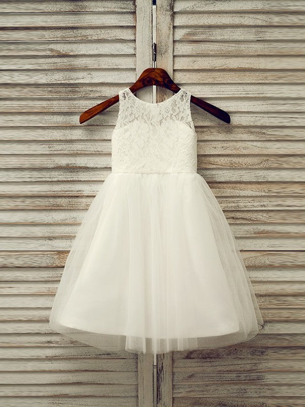 Tea-Length Sleeveless Lace Scoop A-Line/Princess Tulle Flower Girl Dresses