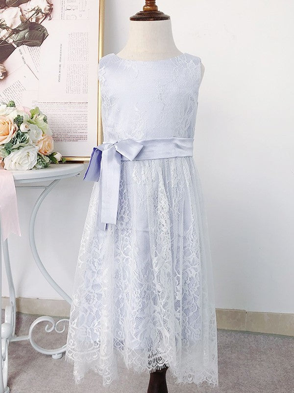 Lace Sleeveless Tea-Length A-Line/Princess Bowknot Scoop Flower Girl Dresses