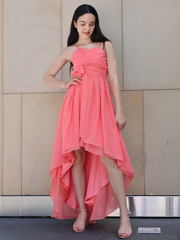 Spaghetti Ruffles Sleeveless Asymmetrical Straps Chiffon A-Line/Princess Junior/Girls Bridesmaid Dresses