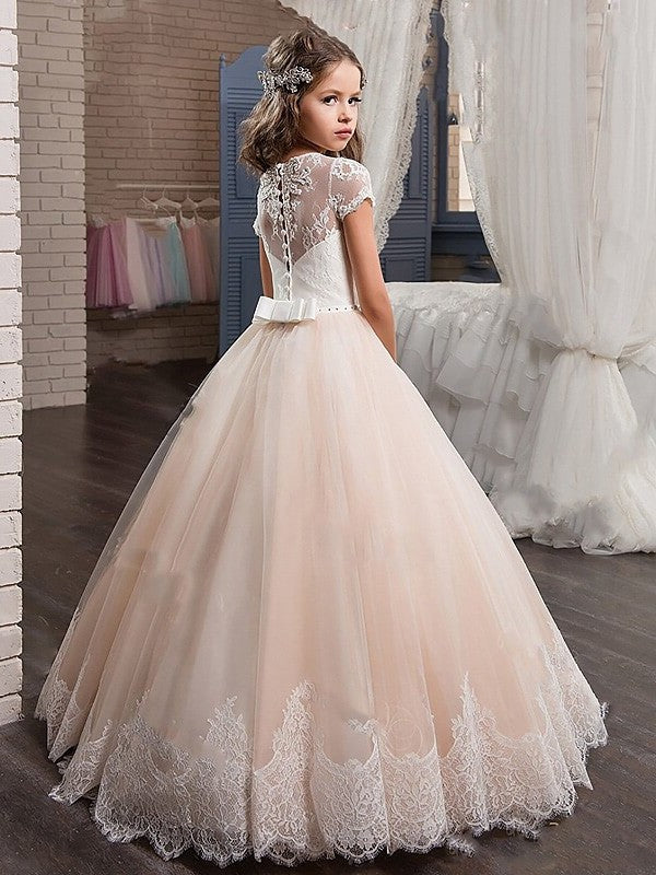 Gown V-neck Sleeves Tulle Short Floor-Length Lace Ball Flower Girl Dresses