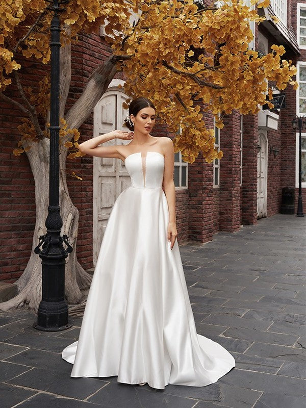 Strapless Satin A-Line/Princess Ruffles Sleeveless Sweep/Brush Train Wedding Dresses