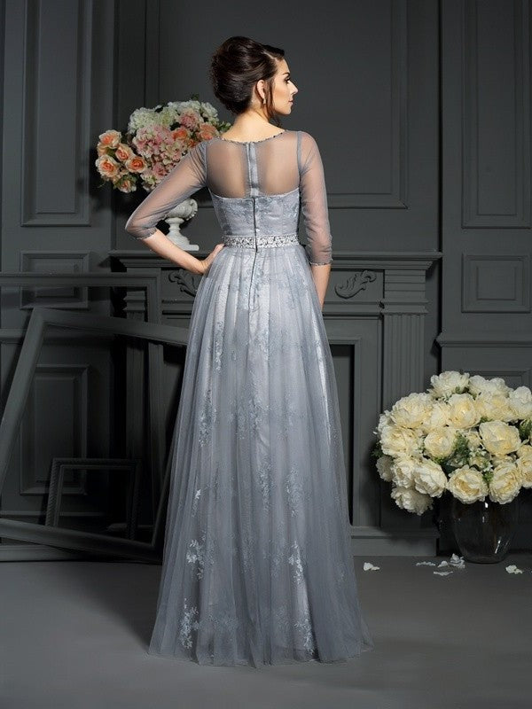 1/2 A-Line/Princess Sleeves Mother of Long Scoop Satin Lace the Bride Dresses