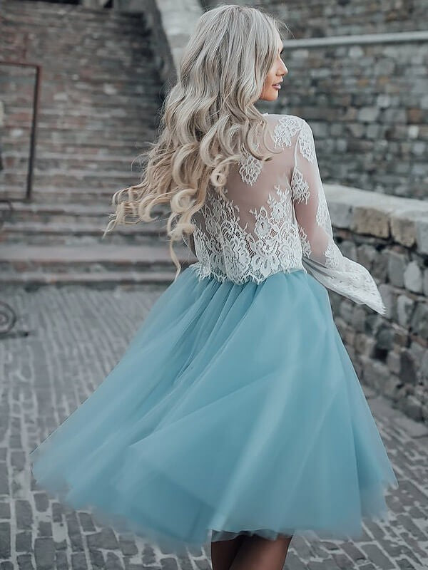 A-Line/Princess Macy Scoop Long Sleeves Homecoming Dresses Short/Mini Tulle Dresses