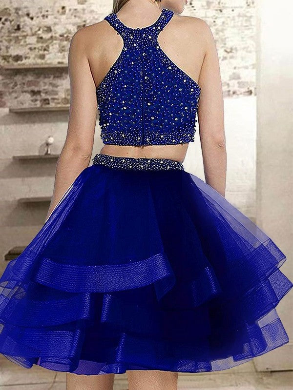 With A-Line Organza Short Halter Beading Cut Blue Homecoming Dresses