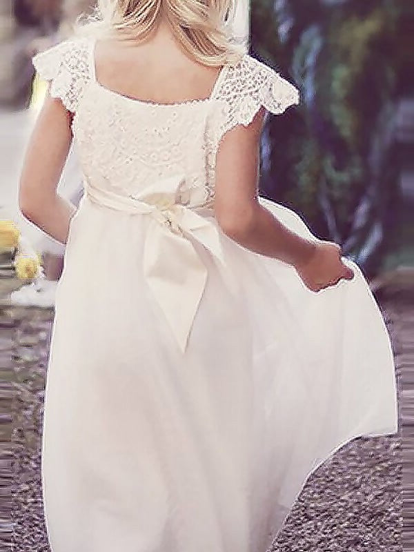 Square Floor-Length Lace Chiffon Sleeves Short A-line/Princess Flower Girl Dresses