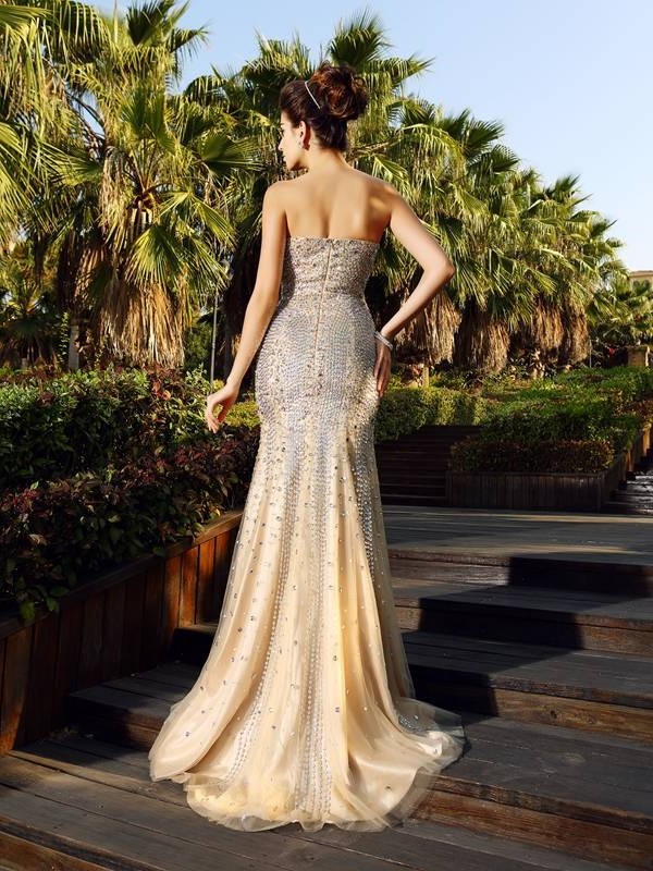 Beading Trumpet/Mermaid Sweetheart Sleeveless Long Satin Dresses