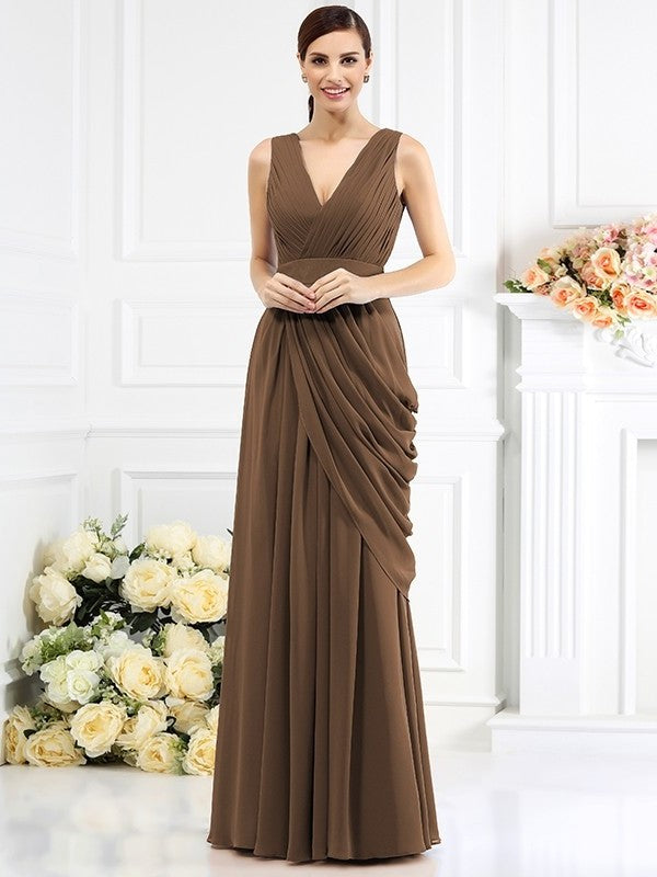 Pleats Sleeveless V-neck A-Line/Princess Long Chiffon Bridesmaid Dresses