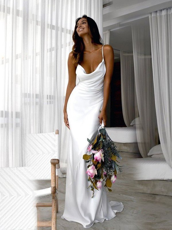 Spaghetti Train Satin Sweep/Brush like Sheath/Column Silk Straps Ruched Sleeveless Wedding Dresses