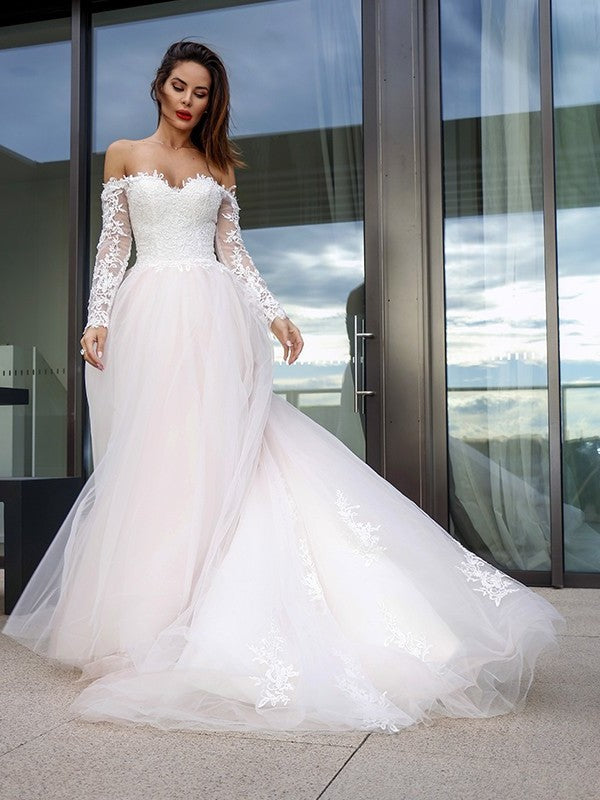 Tulle Long Sleeves Off-the-Shoulder A-Line/Princess Applique Court Train Wedding Dresses