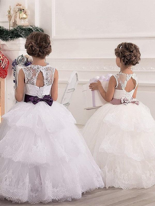 Sleeveless Floor-Length Gown Tulle Lace Scoop Ball Flower Girl Dresses