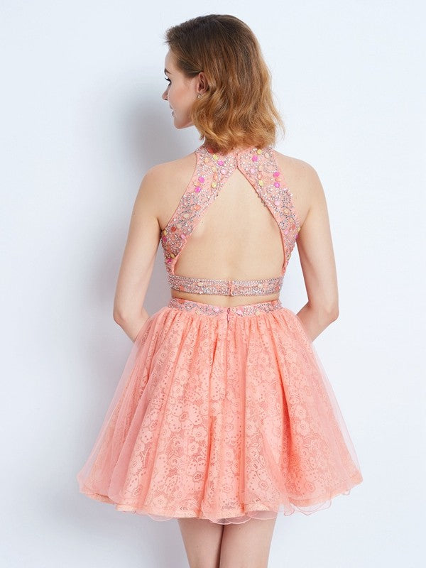 A-Line/Princess Jewel Ryleigh Sleeveless Homecoming Dresses Lace Beading Short/Mini Two Piece Dresses