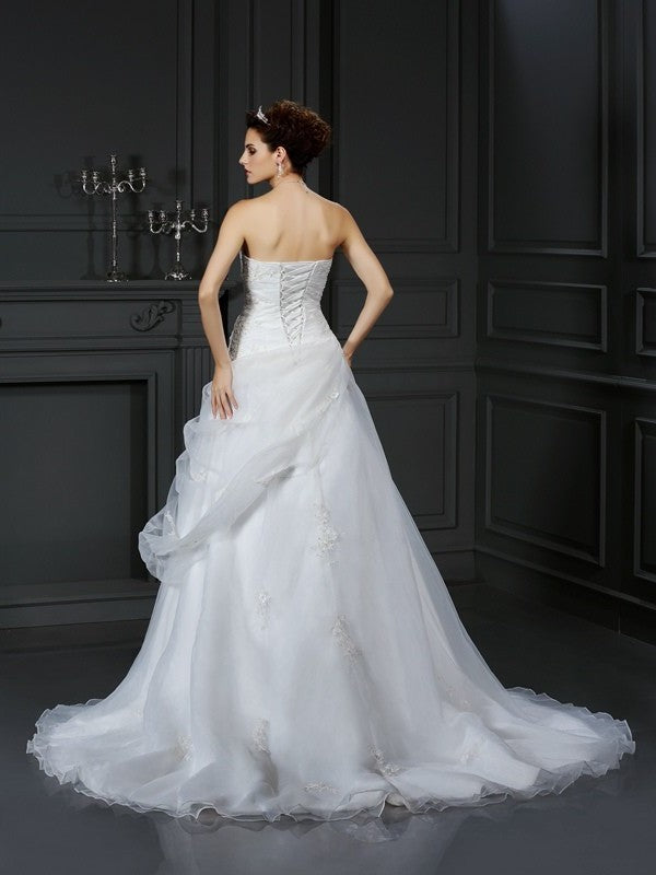 Sweetheart Long Ball Beading Gown Sleeveless Organza Wedding Dresses