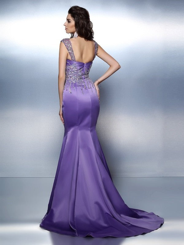 Sweetheart Trumpet/Mermaid Beading Sleeveless Long Satin Dresses