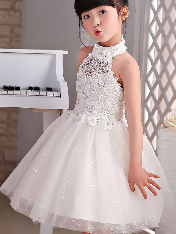 Tulle Knee-Length A-line/Princess Sleeveless Halter Beading Flower Girl Dresses