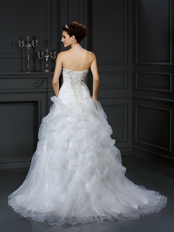 Strapless Long Ball Gown Sleeveless Beading Organza Wedding Dresses