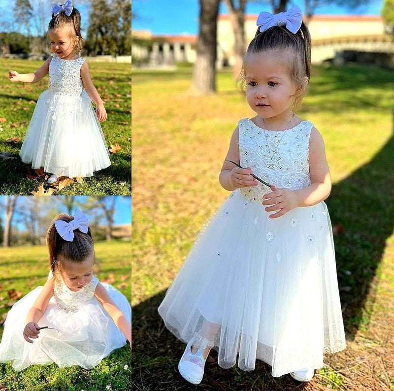 Sleeveless Scoop Bowknot Tulle Ankle-Length A-Line/Princess Flower Girl Dresses