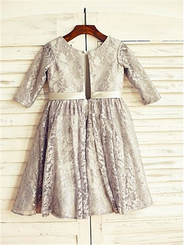 Lace A-line/Princess Scoop Sleeves Tea-Length 3/4 Flower Girl Dresses