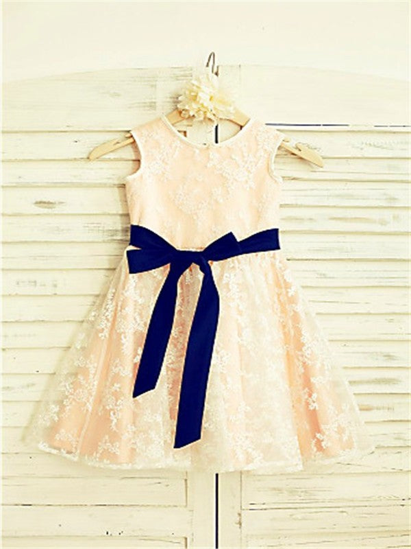 A-line/Princess Bowknot Sleeveless Lace Ankle-Length Scoop Flower Girl Dresses