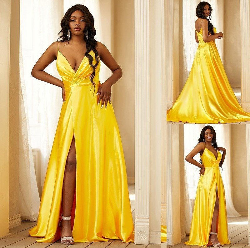 V-neck Sleeveless like Silk A-Line/Princess Ruched Satin Sweep/Brush Train Dresses