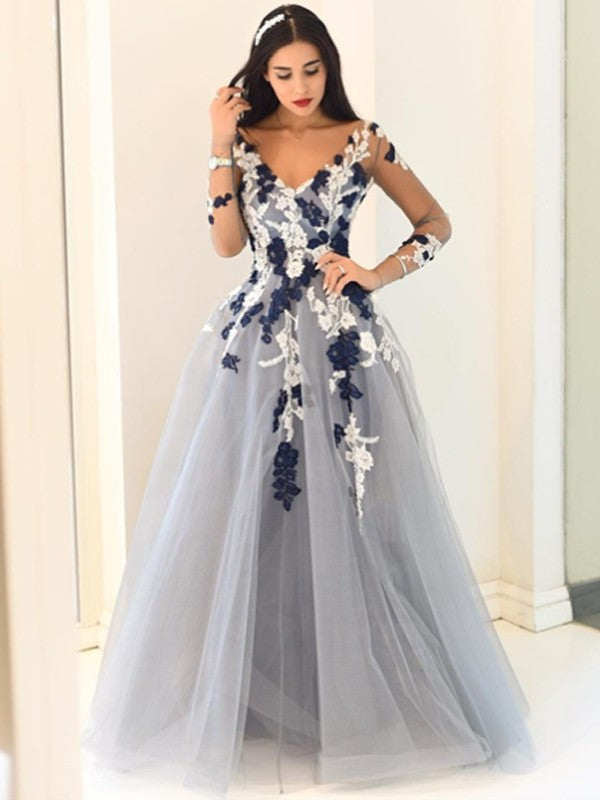 Applique Sleeves Long V-Neck A-Line/Princess Tulle Floor-Length Dresses