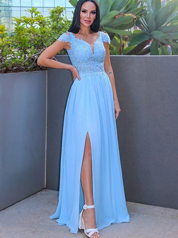 A-Line/Princess Floor-Length Off-the-Shoulder Sleeveless Chiffon Applique Dresses