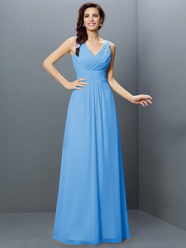 V-neck Long Sleeveless A-Line/Princess Pleats Chiffon Bridesmaid Dresses